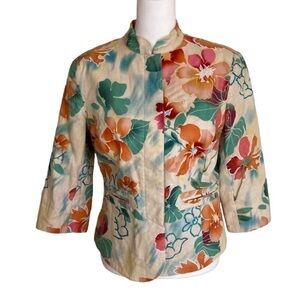 Coldwater Creek Colorful Floral Embroidered Linen Blend Boho Blazer Jacket Sz 8P